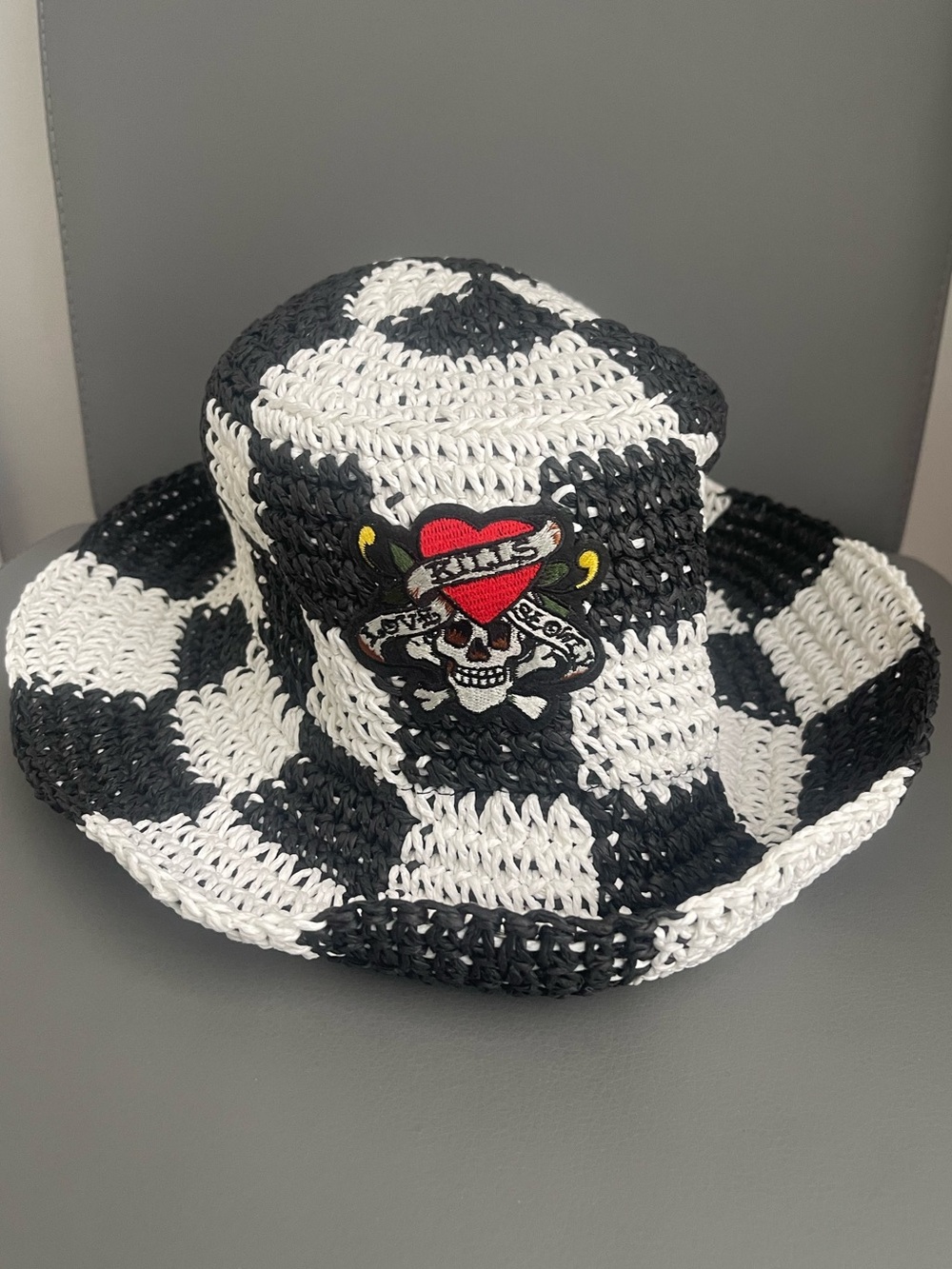 Ed Hardy Bucket Hat Checkered Crochet Skull Design